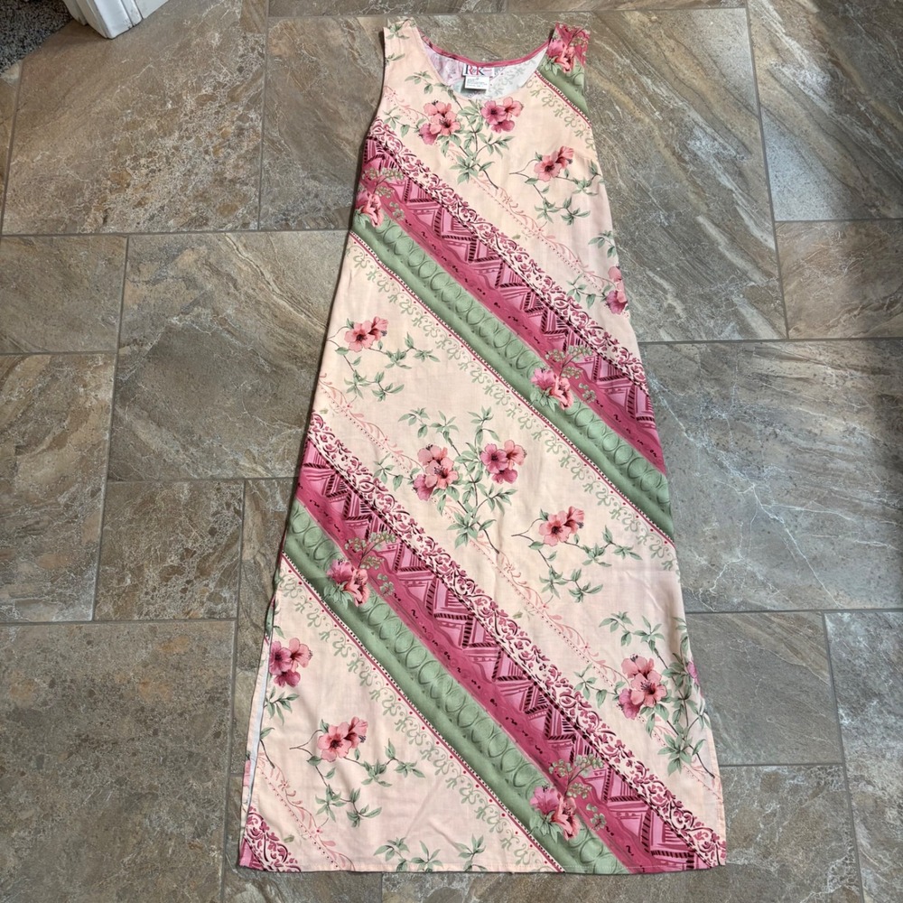 R&K Originals Vintage Floral Geometric Maxi Dress Pink Green Rayon Size 12
